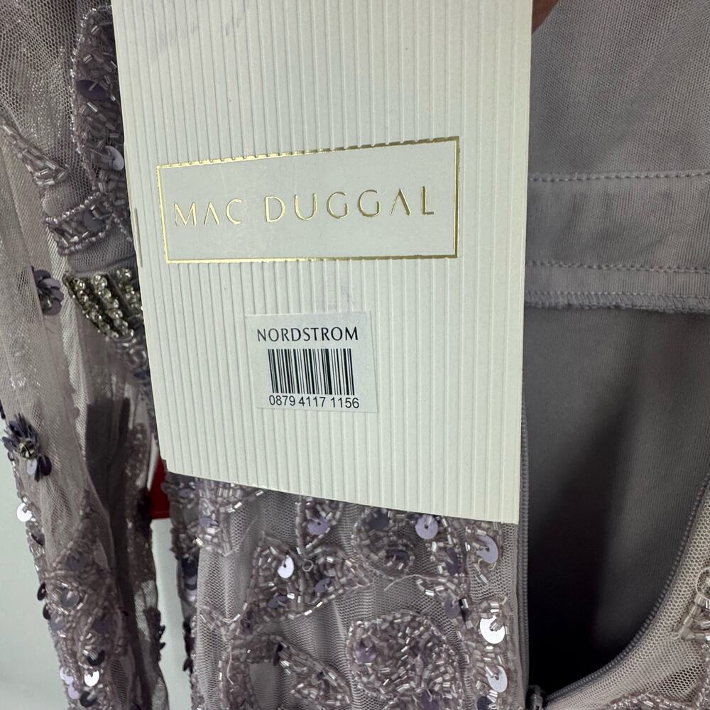 Mac Duggal Mesh Sequin Long Sleeve Belted Tea Dress Vintage Lilac Size 18 NWT - Picture 12 of 13
